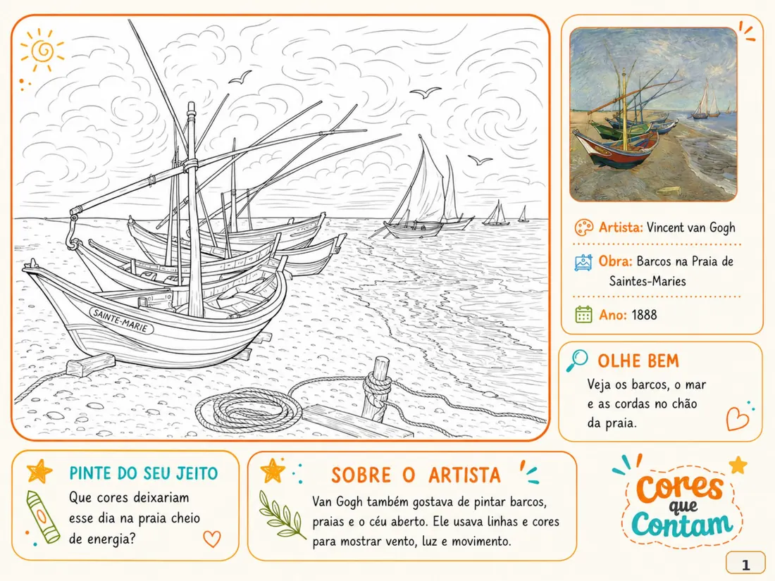 Página do material: o desenho dos barcos para colorir, pintura original ao lado, dados do artista e as caixas Olhe Bem, Sobre o Artista e Pinte do Seu Jeito