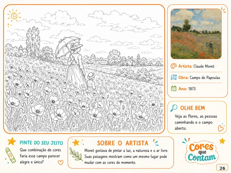 Página do campo de papoulas, de Monet, para colorir