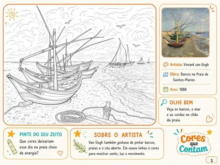 Página dos barcos na praia, de Van Gogh, para colorir