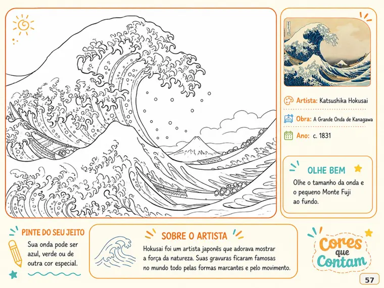 Página da Grande Onda de Kanagawa, de Hokusai, para colorir