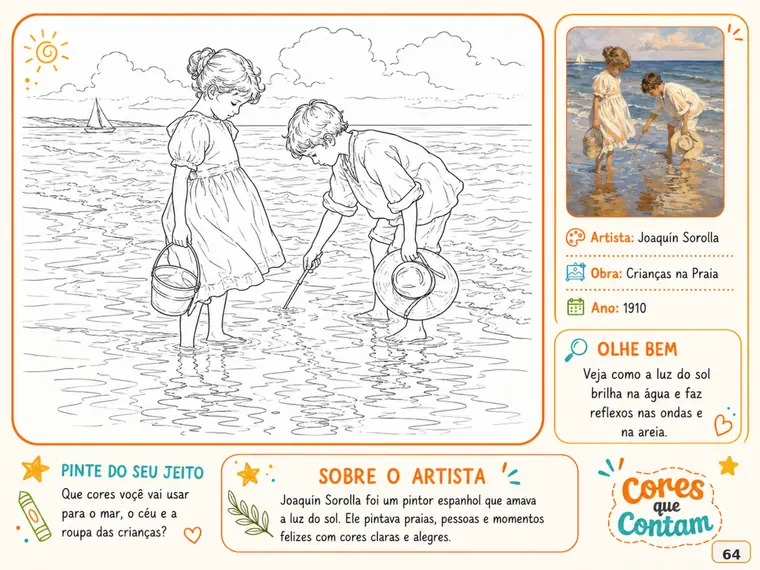 Página das crianças na praia, de Sorolla, para colorir